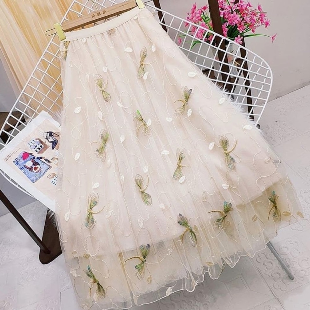 Spring and Summer High Waist Skirt Women's Embroidered Tulle Long Skirt large